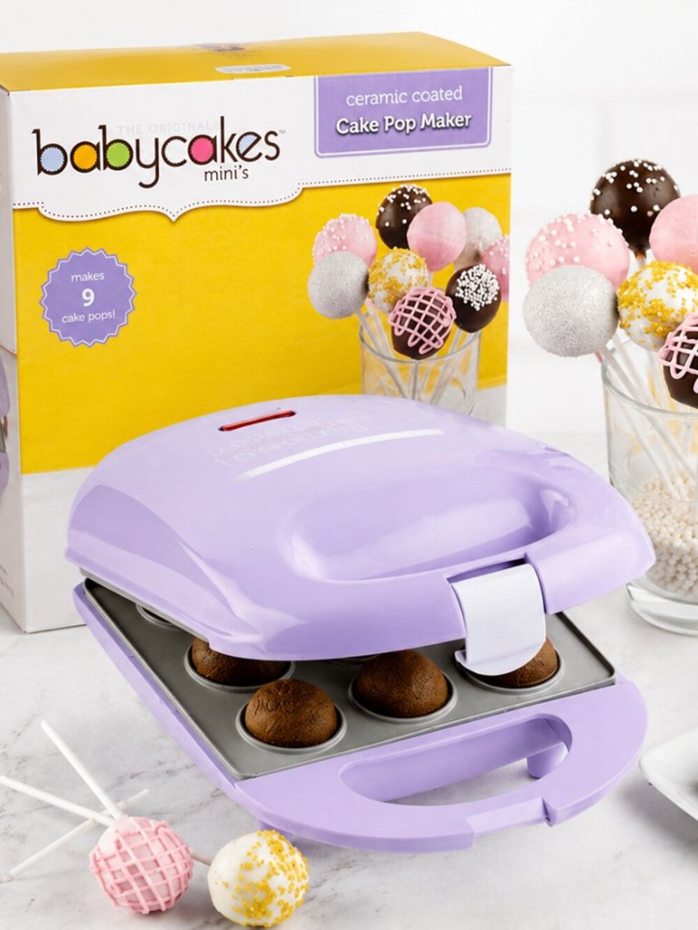 NIB Babycakes Mini Cake Pop Maker Purple Ceramic Coated Makes 9 Cake Pops